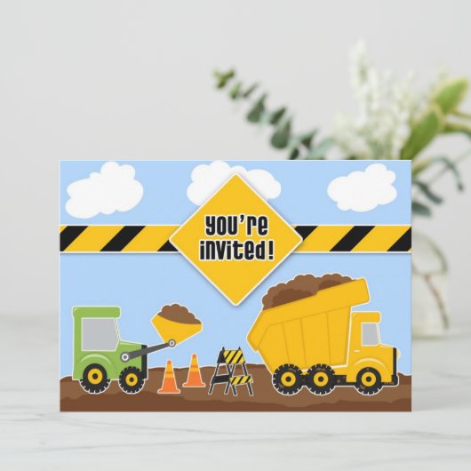 Dump Trucks Bouw Verjaardag Flat Uitnodiging (Staand voorkant)
