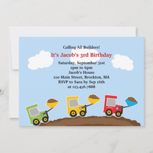 Dump Trucks Bouw Verjaardag Flat Uitnodiging (Achterkant)