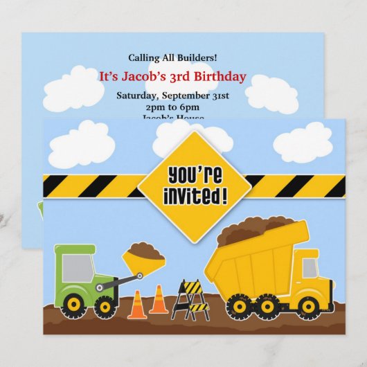 Dump Trucks Bouw Verjaardag Flat Uitnodiging (Voorkant / Achterkant)