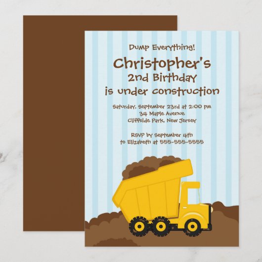 Dump Trucks boys Birthday Party Invitations Kaart (Voorkant / Achterkant)