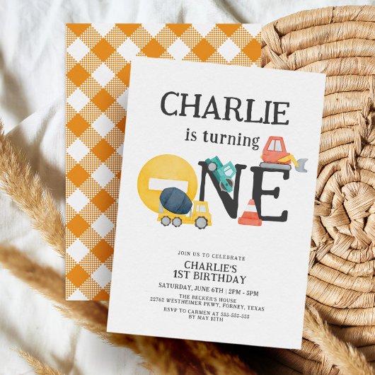 Dump Trucks Construction Party Boy 1st Birthday Kaart