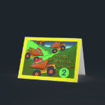 Dump Trucks Met Cupcakes, Verjaardag Voor Kleinzoo Kaart<br><div class="desc">Kleurrijke dumptrucks met cupcakes staan klaar om het op te stapelen voor de tweede verjaardag van een kleinzoon. Auteursrechten op kunst,  afbeelding en vers © Shoaff Ballanger Studios.</div>