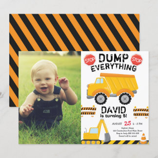 Dump Yellow Truck Construction Birthday met foto Kaart