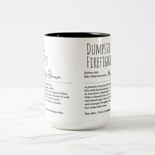 Dumpster Firefighter Funny Definition Custom Name Tweekleurige Koffiemok (Center)