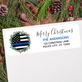 Dun blauw kerstterugzendadres politie etiket