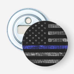 Dun blauwe lijnvlag van politie button flesopener