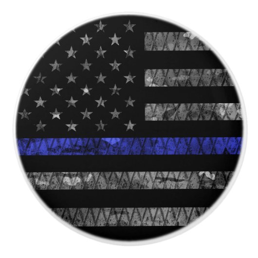 Dun blauwe lijnvlag van politie keramische knop (Voorkant)