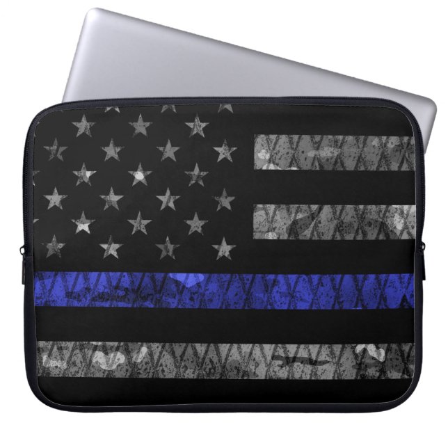 Dun blauwe lijnvlag van politie laptop sleeve (Voorkant)