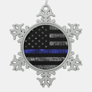 Dun blauwe lijnvlag van politie tin sneeuwvlok ornament
