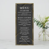 Dun en zwarte trouwdiner menu in delicate goud (Staand voorkant)