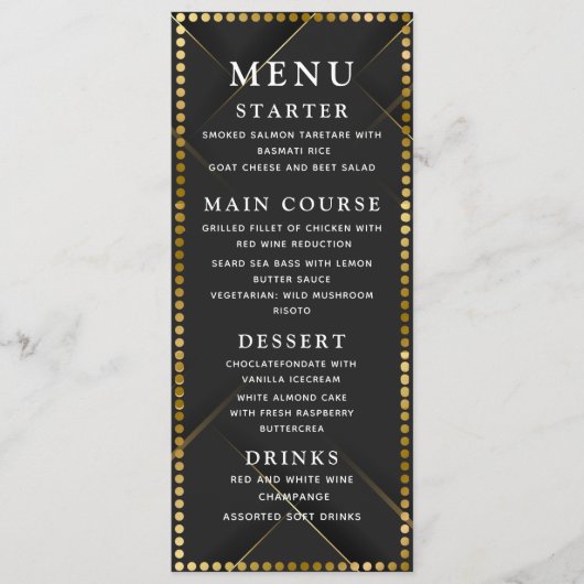 Dun en zwarte trouwdiner menu in delicate goud (Voorkant)