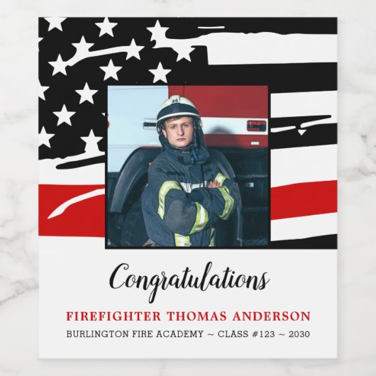 Dun rode lijn Foto van brandweerman Wijn Etiket (Enkel label)