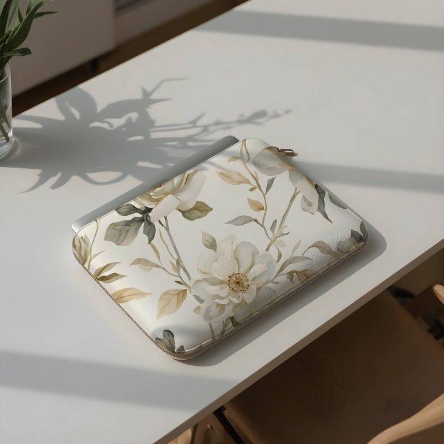 Dun waterverf wit bloempatroon laptop sleeve (Creator heeft geüpload)