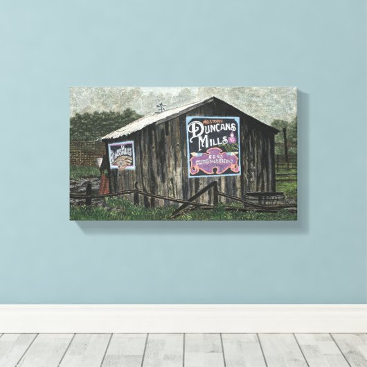Duncans Mills, oude schuur Waterverf Canvas Afdruk (Insitu (Houten vloer))