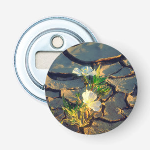 Dune Primrose groeit uit gebarsten modder Button Flesopener
