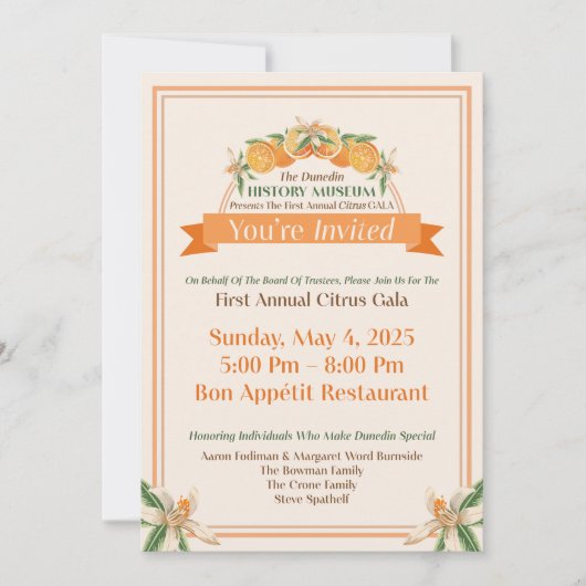 Dunedin History Museum 2025 Citrus Gala Kaart (Voorkant)