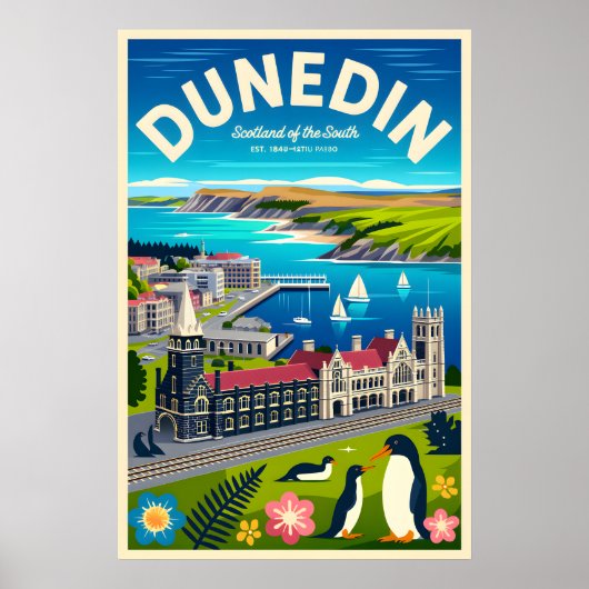 Dunedin Nieuw-Zeeland Retro Reisposter Kunst Poster (Voorkant)