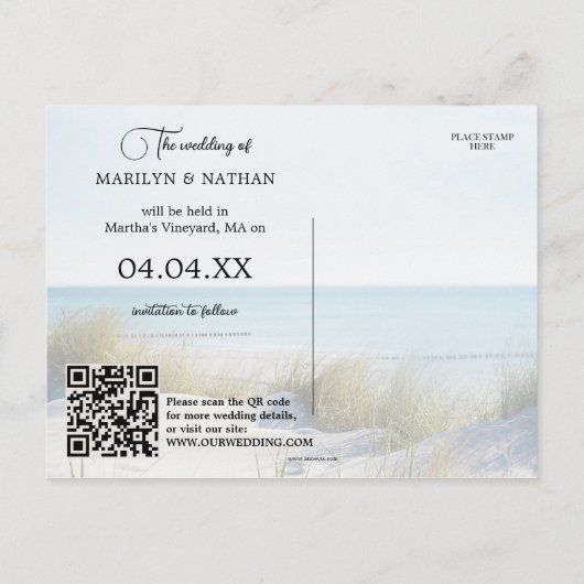 Dunes en Beach Photo QR Save the Date Briefkaart (Achterkant)