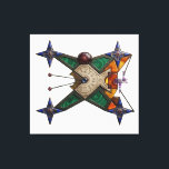 Dungeon Artifact Canvas Afdruk<br><div class="desc">An intricate mystical device that merges ancient alchemy with precise geometry. This X-shaped artifact features a central bone-colored disc engraved with cryptic cuneiform, crowned by a massive star ruby. The frame is heavily inlaid with concentric malachite, deep blue lapis lazuli, and warm amber fragments. Four navigational star-compasses at the tips...</div>