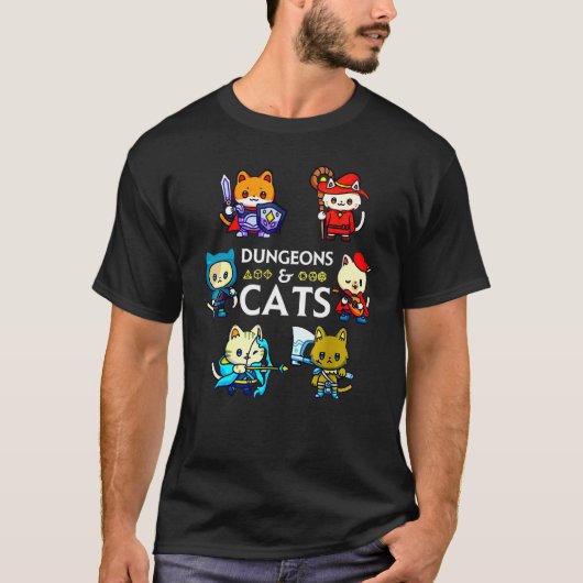 Dungeons and Cats RPG D20 Dice Nerdy Fantasy Gamer T-shirt (Voorkant)