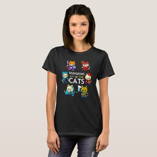 Dungeons and Cats RPG D20 Dice Nerdy Fantasy Gamer T-shirt (Voorkant volledig)