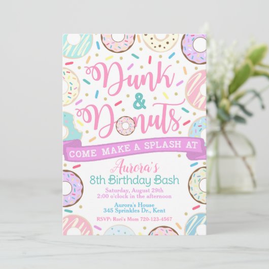 Dunk and Donuts Invitation, Pool Party Invitation Kaart (Staand voorkant)