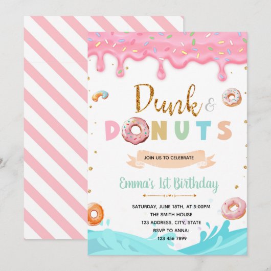 Dunk en Donuts verjaardagsuitnodiging Kaart (Voorkant / Achterkant)