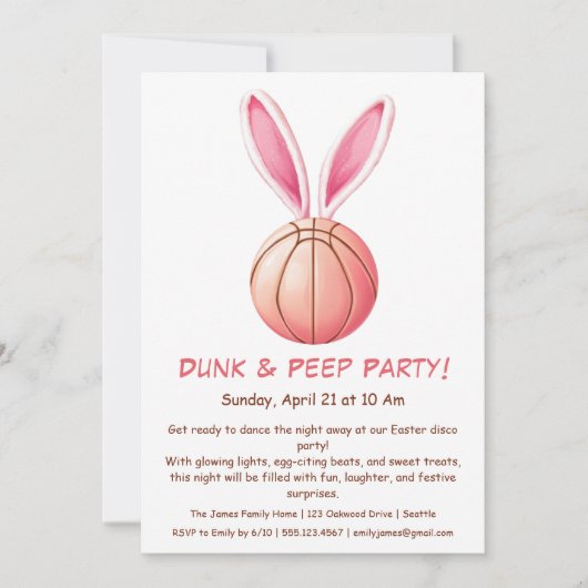 Dunk & Peep Feest – Pasen Basketbal Uitnodiging (Voorkant)