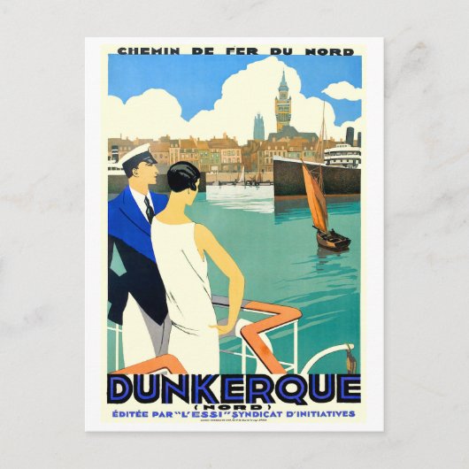 Dunkirk City bay, Frankrijk, paar op boot, Briefkaart (Voorkant)