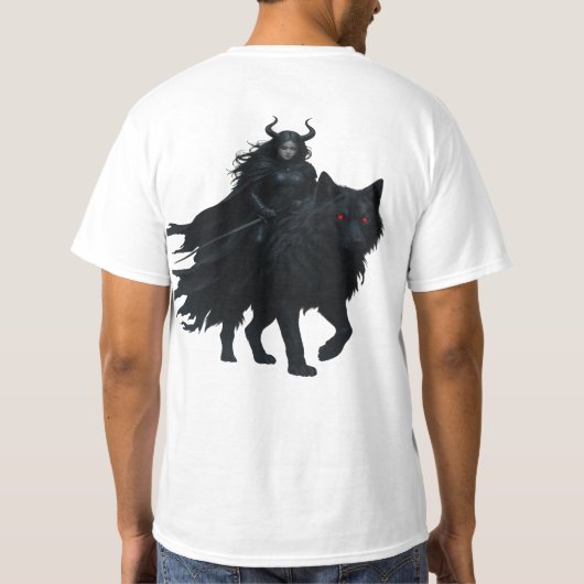  Dunkle Kriegerin auf Höllenwolf T-shirt (Achterkant)