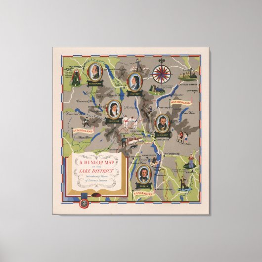 Dunlop Map of Lake District, Engeland Canvas Afdruk (Voorkant)