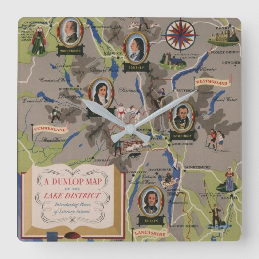 Dunlop Map of Lake District, Engeland Vierkante Klok (Voorkant)