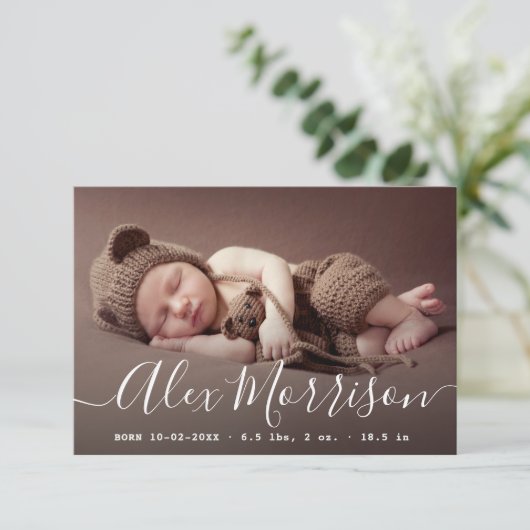 Dunne belettering geboortekaart kaart (Staand voorkant)