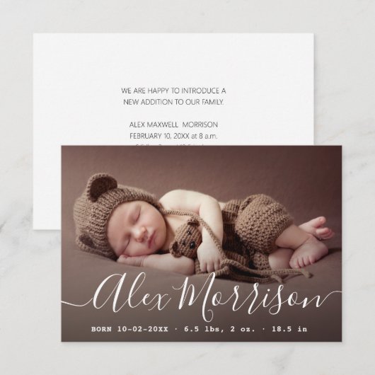 Dunne belettering geboortekaart kaart (Voorkant / Achterkant)