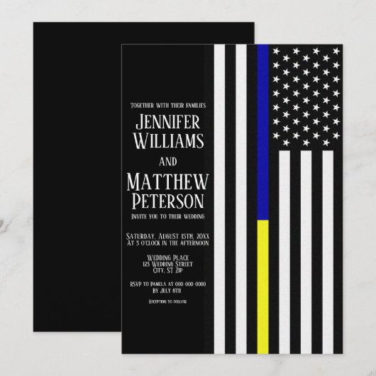 Dunne blauwe/gele lijnvlag bruiloft kaart (Voorkant / Achterkant)