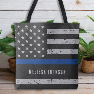 Dunne blauwe lijn gepersonaliseerde US Flag politi Tote Bag