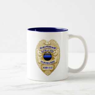 Dunne Blauwe Lijn Glanzende Knop & Gouden Badge Tweekleurige Koffiemok