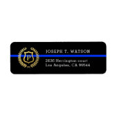 Dunne Blauwe Lijn Monogram Faux Gouden Schild Adre Etiket (Voorkant)