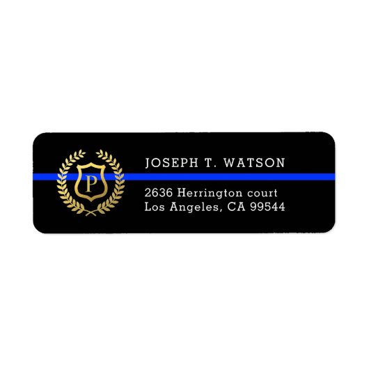 Dunne Blauwe Lijn Monogram Faux Gouden Schild Adre Etiket (Voorkant)