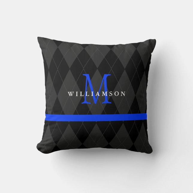 Dunne Blauwe Lijn Monogram Zwarte Argyle Patroon Kussen (Voorkant)