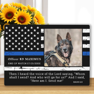Dunne Blauwe Lijn Officier K9 Politiehond Herdenki Fotoplaat