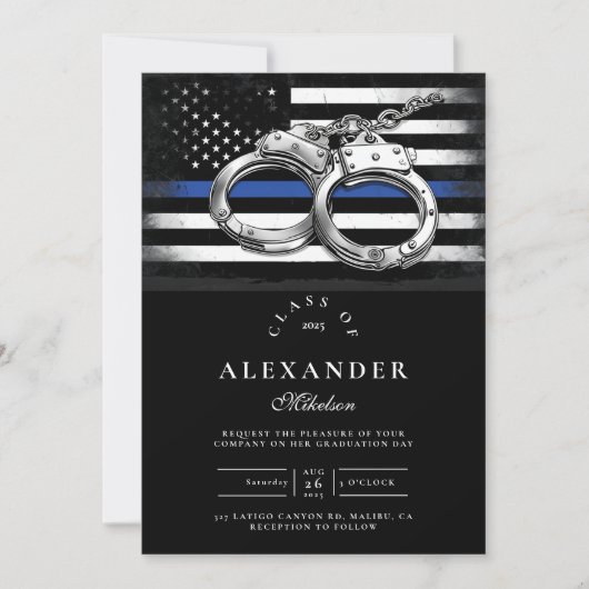 Dunne Blauwe Lijn Politie Afstuderen met handboeie Kaart (Voorkant)