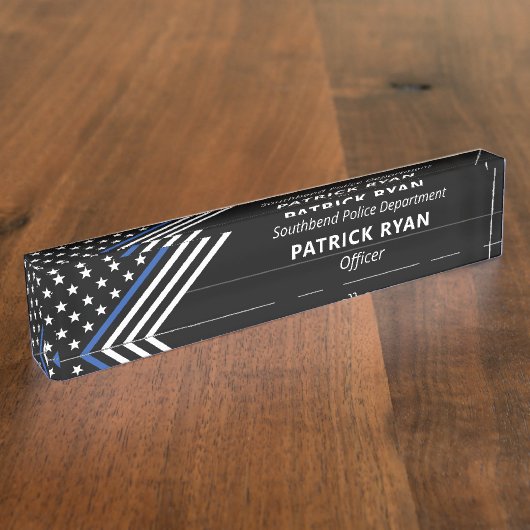 Dunne blauwe lijn Politie Sterren Strepen Monogram Naambordje (Zijkant)