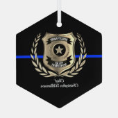 Dunne Blauwe lijn Politiebadge Gepersonaliseerd Or Glas Ornament (Achterkant)