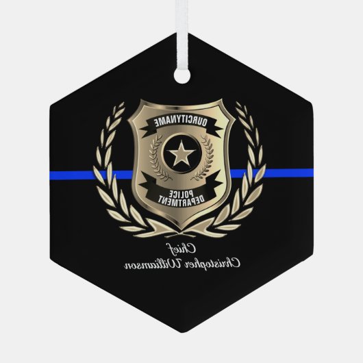 Dunne Blauwe lijn Politiebadge Gepersonaliseerd Or Glas Ornament (Achterkant)