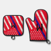 Dunne blauwe lijn US Flag Retirement Chef Patrioti Ovenwant & Pannenlap Set (Voorkant)