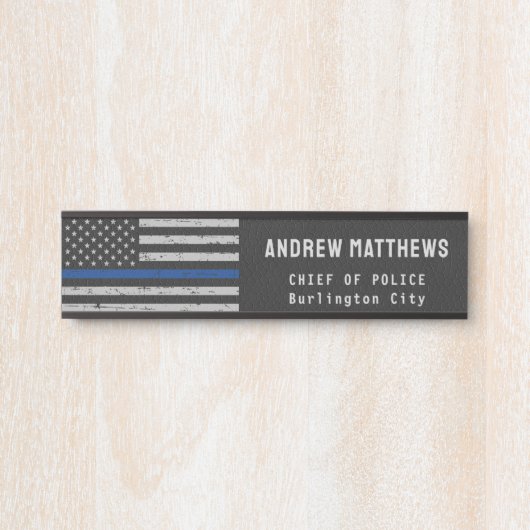 Dunne Blauwe Lijn Vlag Wetshandhaving Politie Naam Deurbordje (Voorkant)