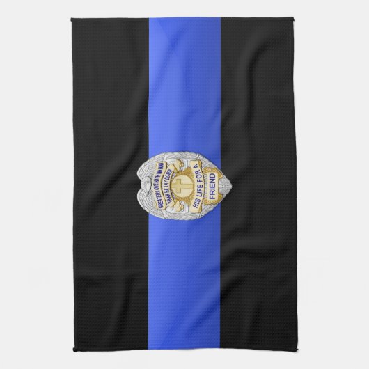 Dunne blauwe lijnvlag en -badge theedoek (Verticaal)