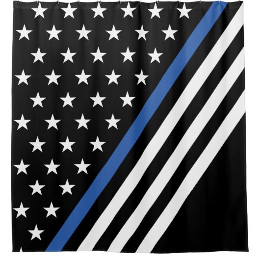 Dunne blauwe lijnvlagsterren en -streepjes douchegordijn (Voorkant)