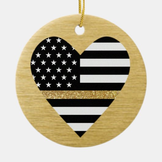Dunne gele lijn Glitter Flag Heart Keramisch Ornament (Voorkant)